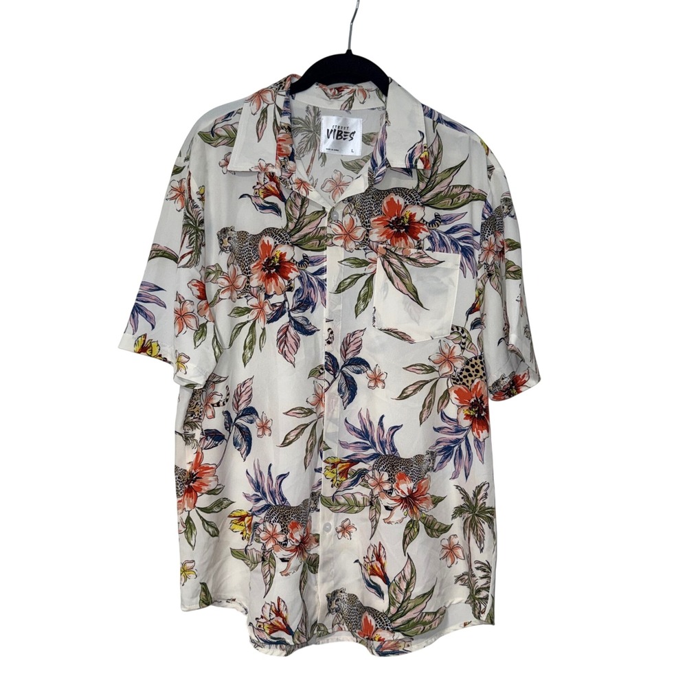 Street Vibes Tropical Leopard Print Button Down Shirt Mens‎ Large Cream Rayon